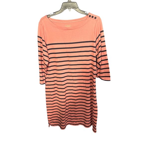 L.L. Bean Pink & Navy Large Striped Cotton Boatneck Dress With Button Detail - Picture 1 of 4